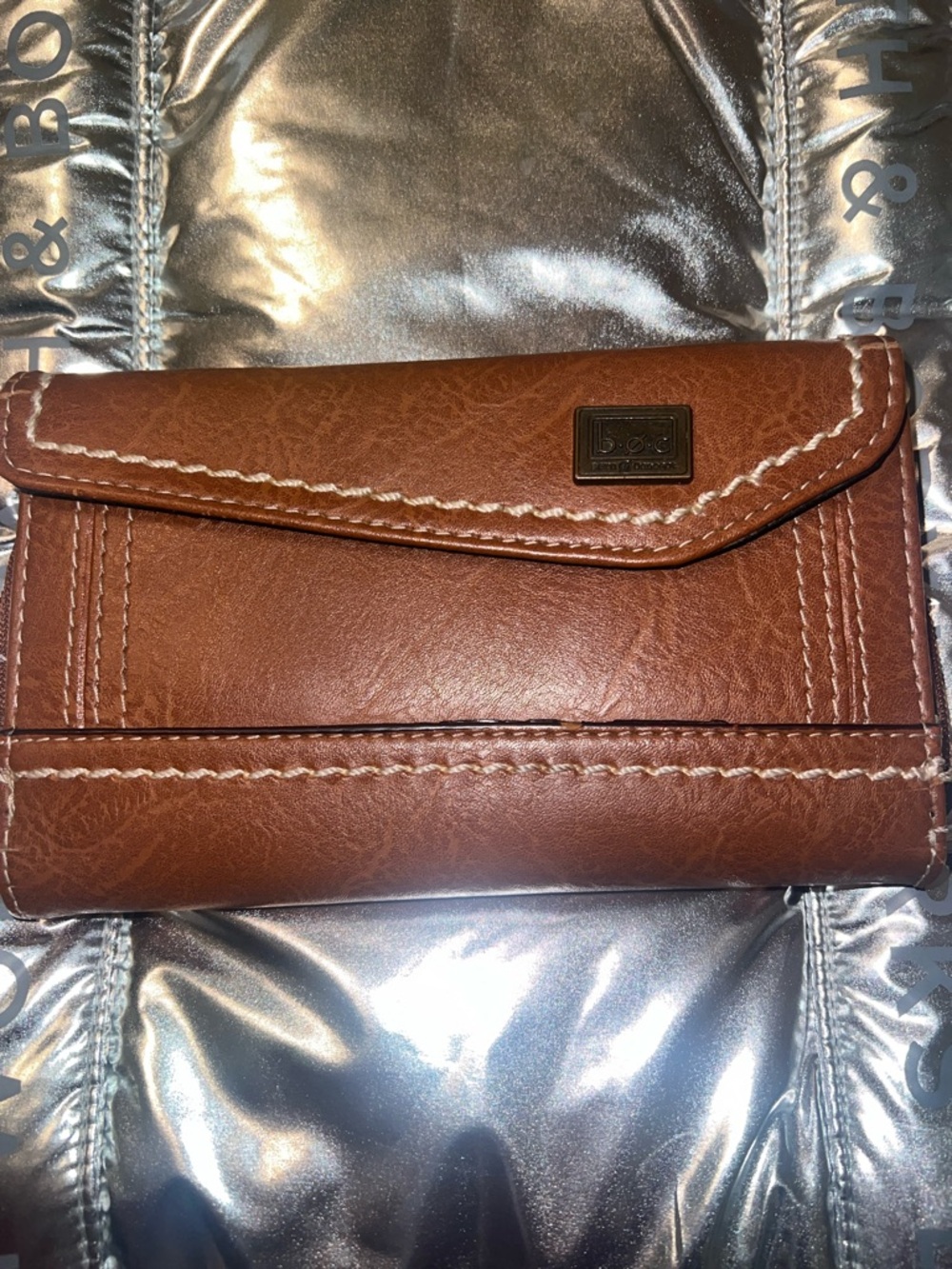 B.O.C BORN CONCEPT BROWN LEATHER FLAP WALLET WITH CONTRAST STITCHING